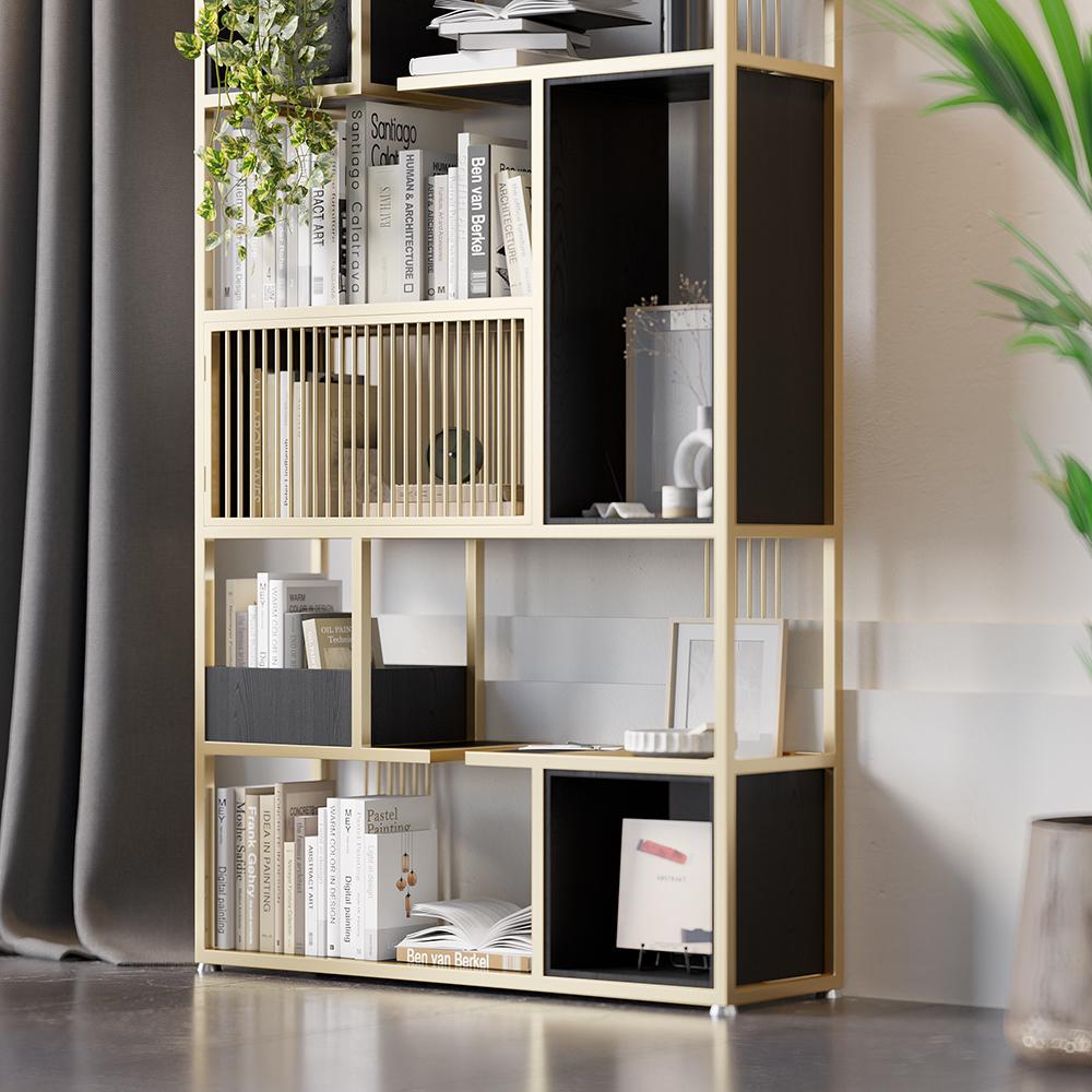 78" Modern Black Steel Geometric Bookcase 6-Tier Bookshelf Wooden Tall Book Shelf