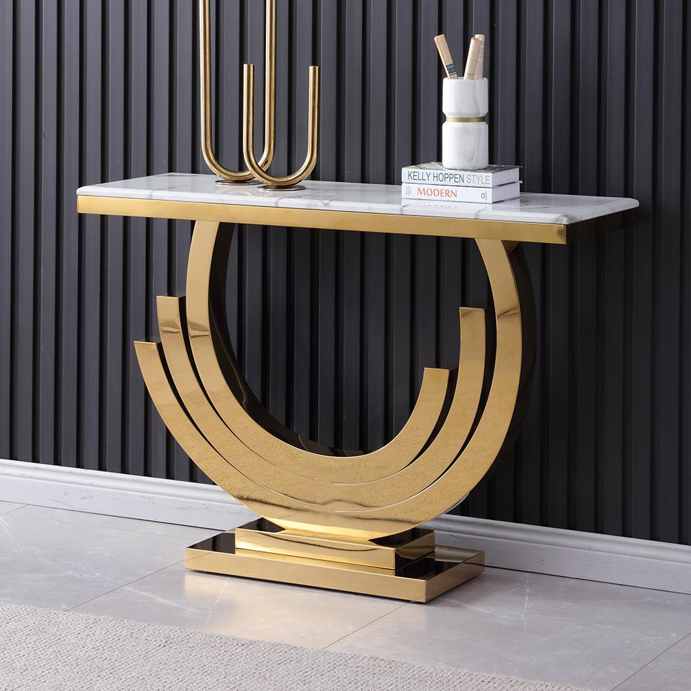 59.1" Gold & Black Marble Console Table Narrow Rectangular Entryway Table