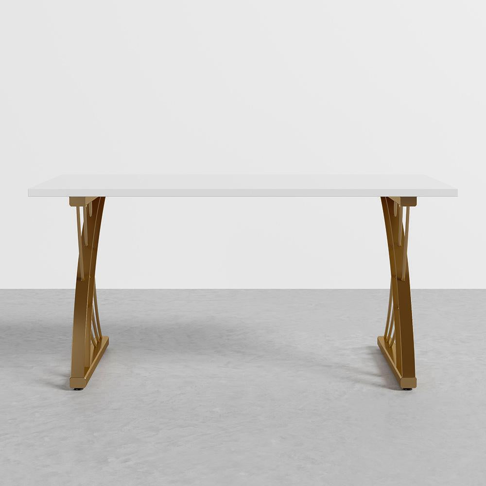 47" Modern White Rectangular Home Office Desk with Pine Wood Table Top & Gold Frame