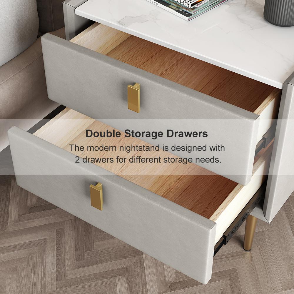 Modern 2 Drawers PU Leather Bedside Table Nightstand with Gold Metal Legs