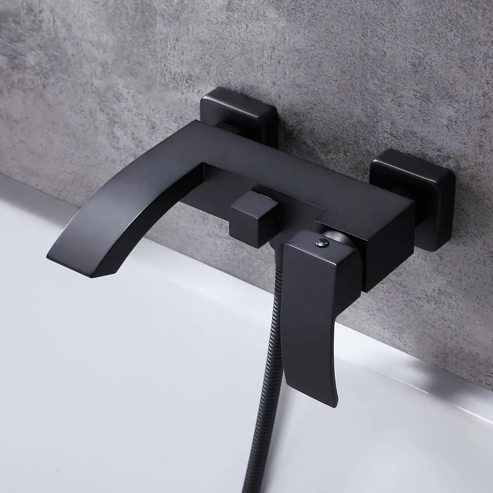 Ridge Wall Mount Waterfall Bathtub Faucet Matte Black with Hand Shower Solid Brass