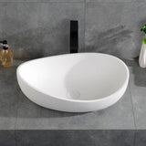 Bathroom Stone Resin Oval Vessel Sink Modern Art Sink Glossy White with Pop Up Drain