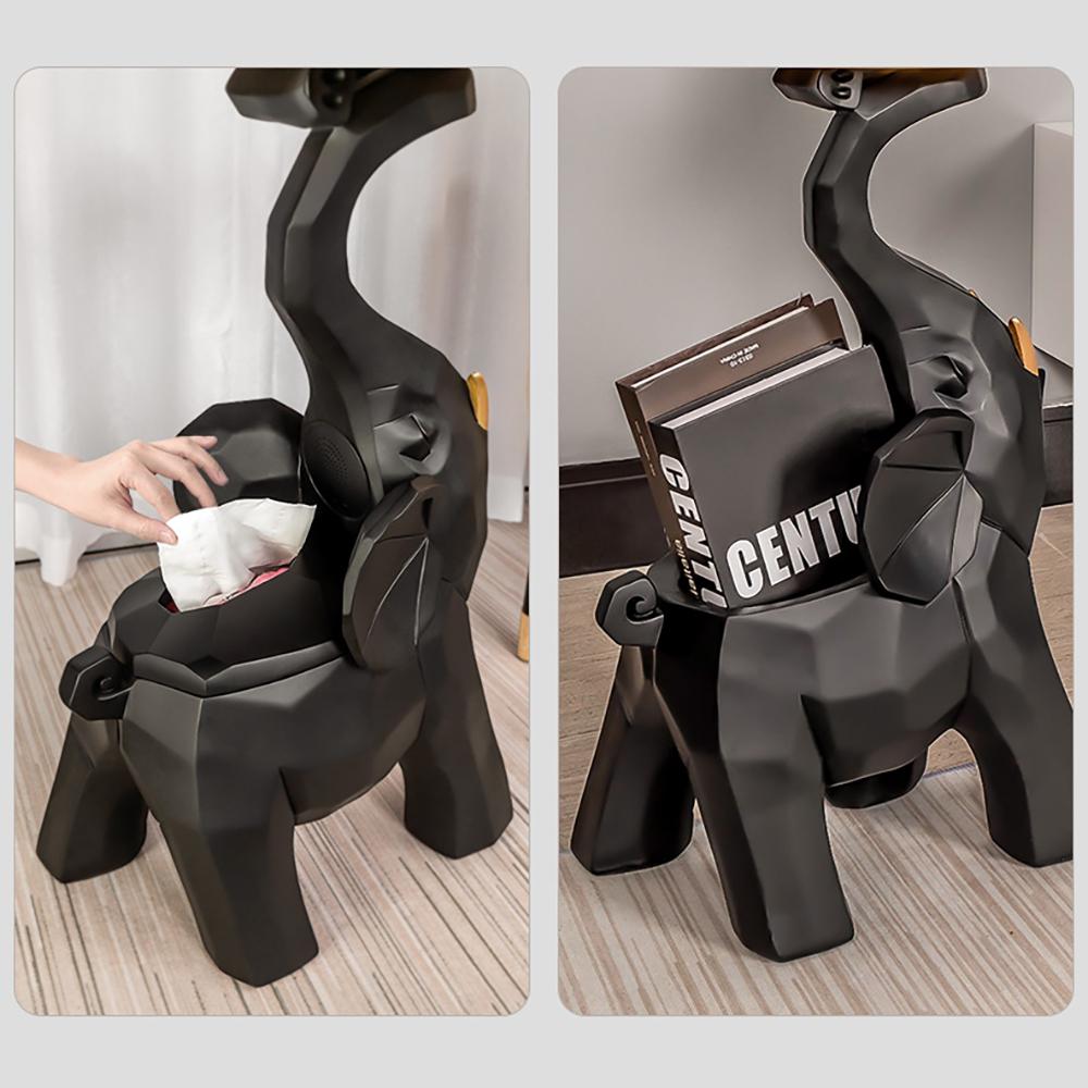 Blue Resin Elephant Side Table Round White Top with Tissue Magazine Rack Bluetooth Speaker