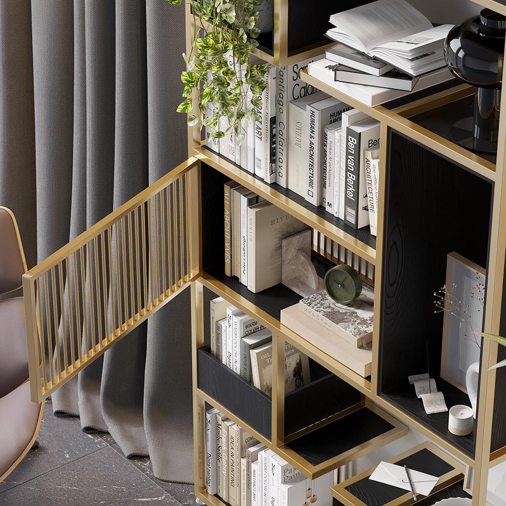78" Modern Black Steel Geometric Bookcase 6-Tier Bookshelf Wooden Tall Book Shelf