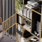 78" Modern Black Steel Geometric Bookcase 6-Tier Bookshelf Wooden Tall Book Shelf