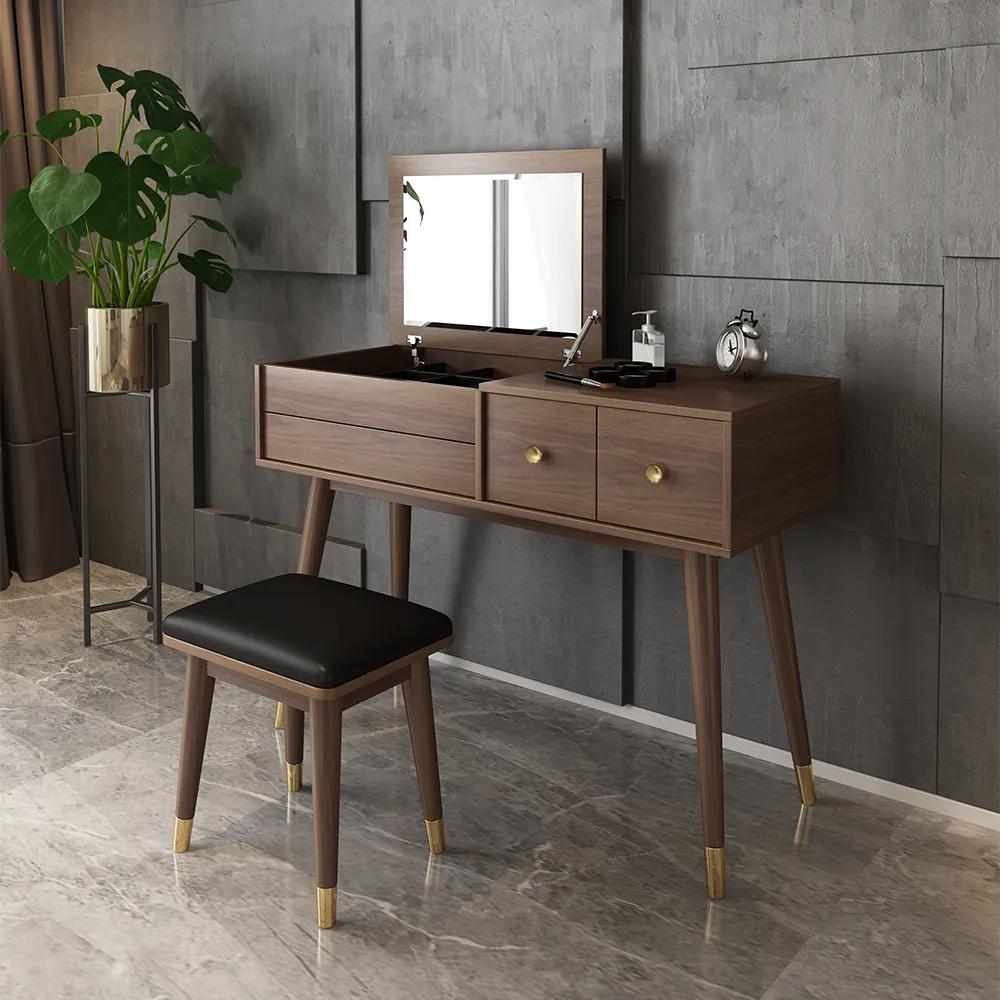 Classic Walnut Makeup Vanity Set with Flip-top Mirror & Stool
