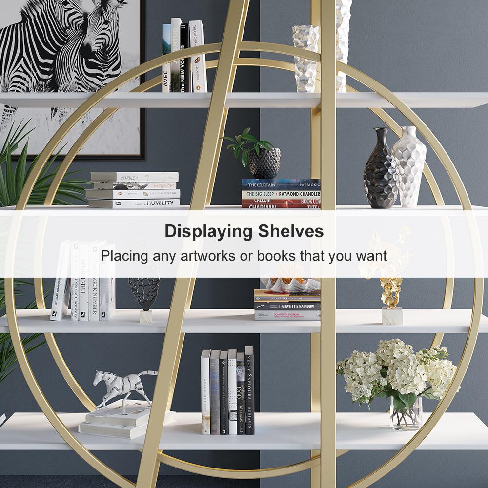 4-Tier Round Open Bookshelf White Display Shelf Gold Frame