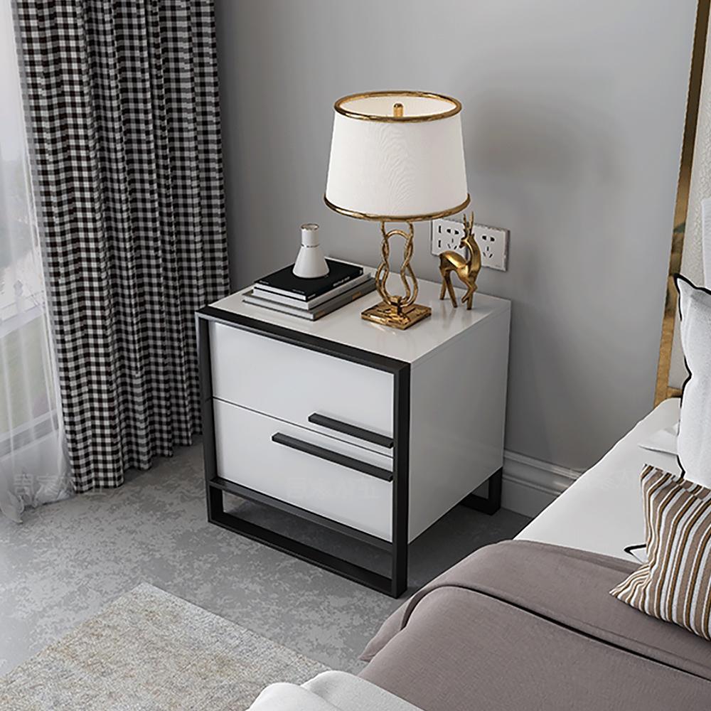 Modern Minimalist Black & White Square Nightstand with 2 Drawers