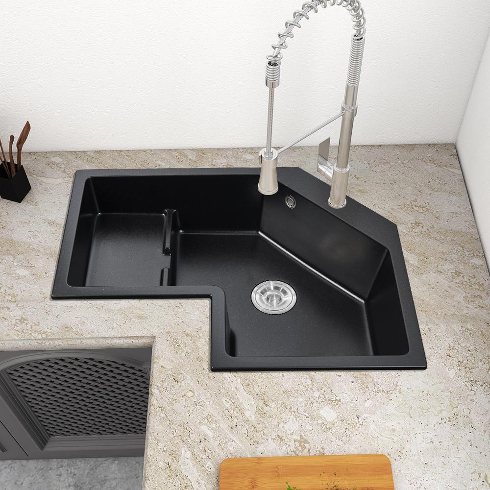Modern Black Drop In Corner Kitchen Sink 32" Single Bowl Quartz Irregular Right Sink