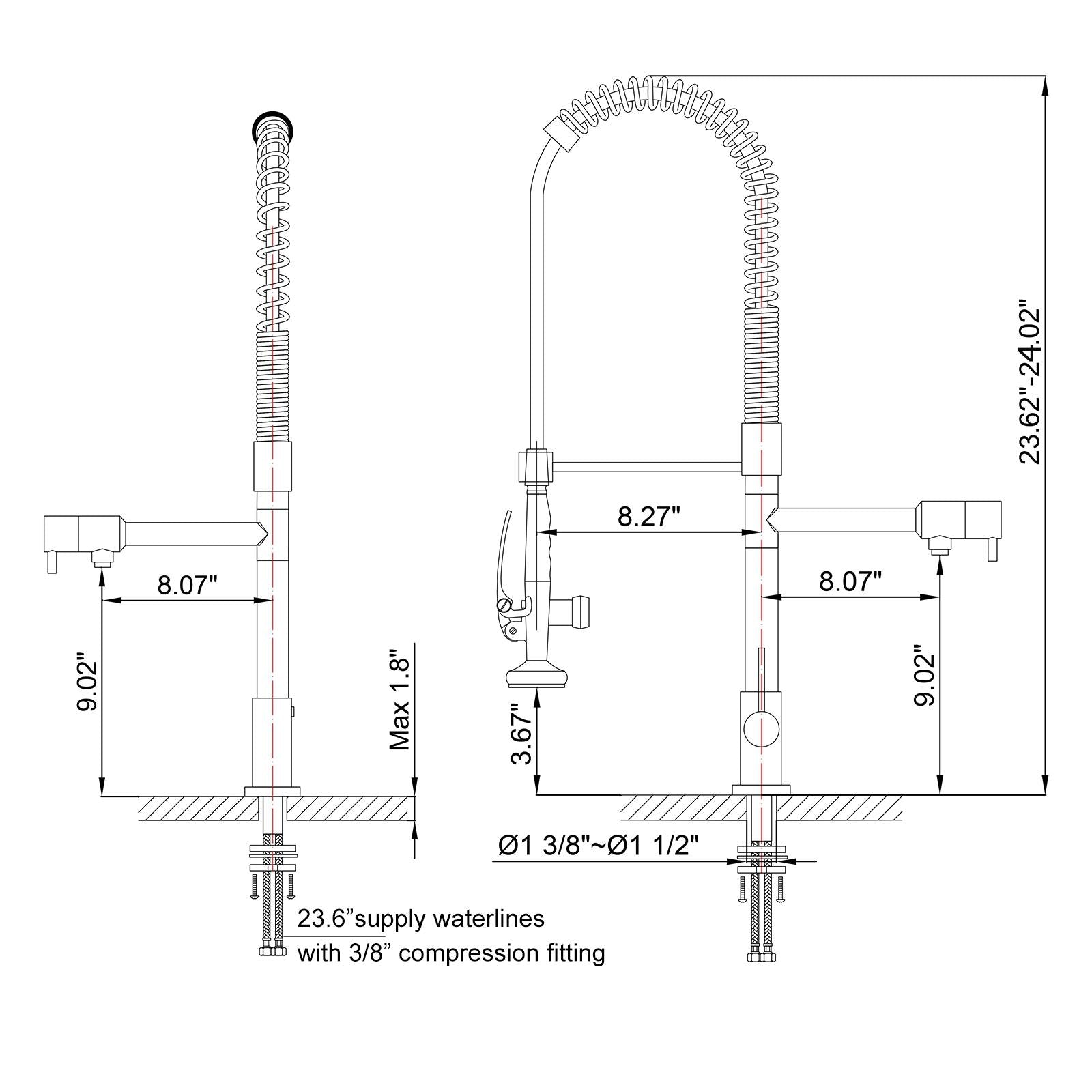 Commercial Pull Down Pre-rinse Spring Sprayer Brushed Nickel Kitchen Sink Faucet with Deck Plate Solid Brass