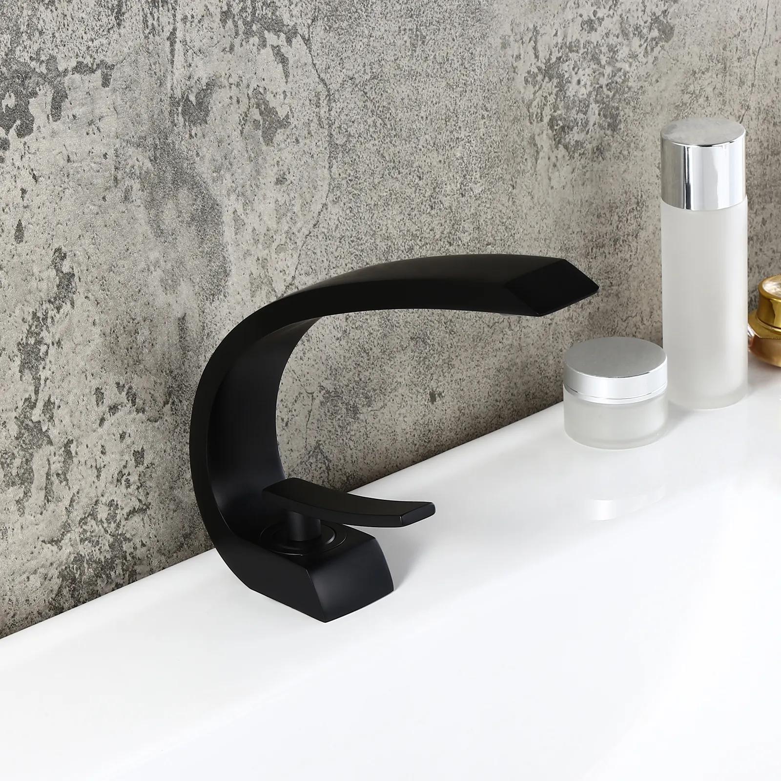 Modern Single Hole 1-Handle C-Shaped Curved Spout Bathroom Sink Faucet with Pop Up Drain in Brushed Nickel