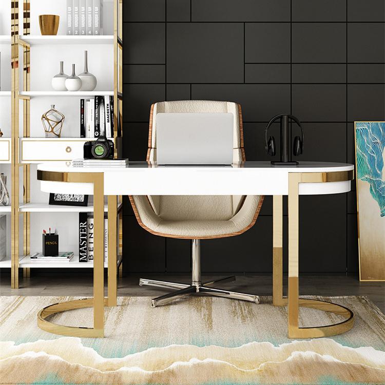 Modern Office Desk with 2 Drawers Stainless Steel Legs Lacquer Oval Desk in White