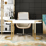 Modern Office Desk with 2 Drawers Stainless Steel Legs Lacquer Oval Desk in White