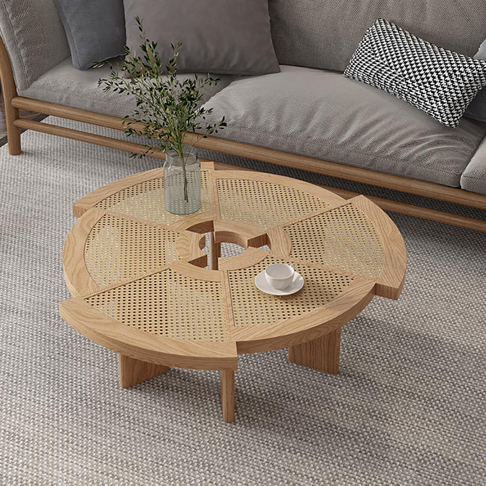 31.5" Farmhouse Wooden Coffee Table with Rattan Top Accent Table