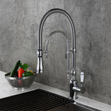 High Arc Dual-Mode Pull-Down Kitchen Faucet Solid Brass with Porcelain Handle