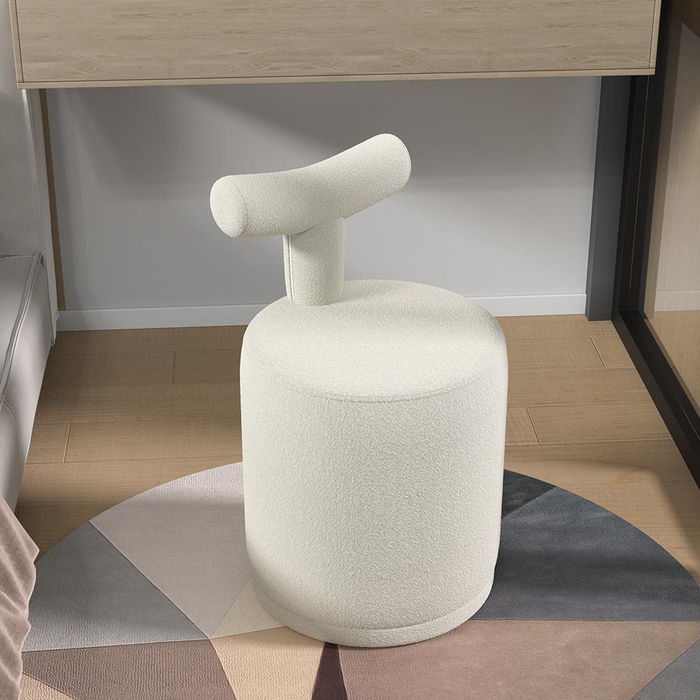 Modern White Boucle Vanity Stool with Round Seat & Back Bedroom Vanity Chair