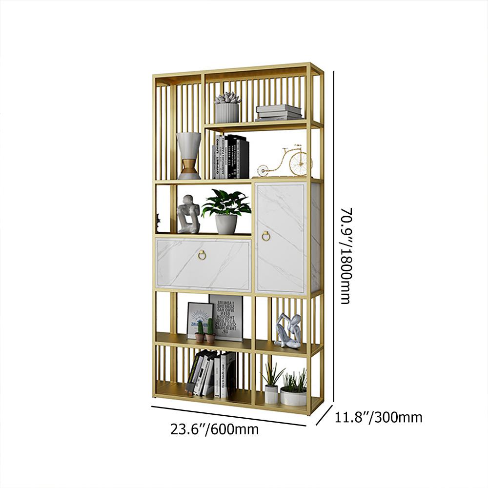 70.9" Modern 5-Tier Geometric Bookshelf with 1 Drawer and 1 Door in White & Gold