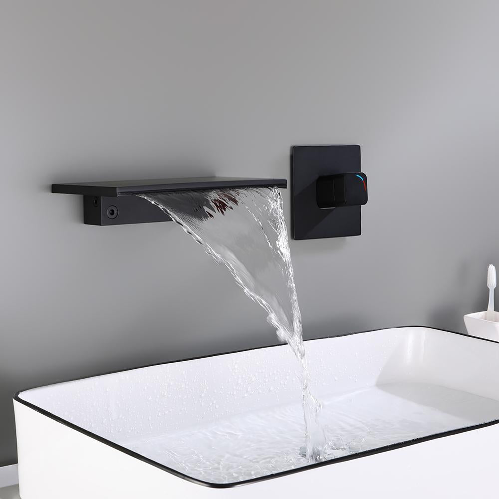 Waterfall Wall Mount Bathroom Sink Faucet Single Knob Solid Brass Brushed Gold
