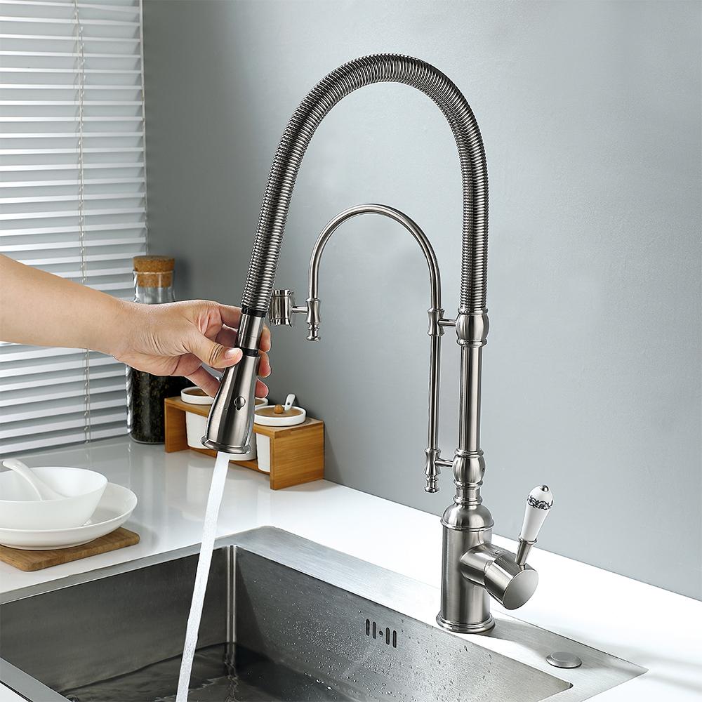 High Arc Dual-Mode Pull-Down Kitchen Faucet Solid Brass with Porcelain Handle