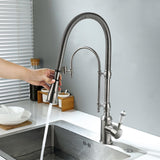 High Arc Dual-Mode Pull-Down Kitchen Faucet Solid Brass with Porcelain Handle