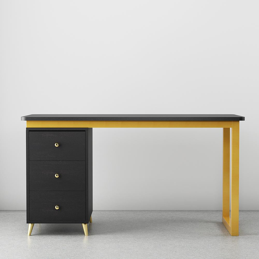 Modern 55" Wooden Home Office White Computer Desk with 3 Drawers & Side Cabinet in Gold