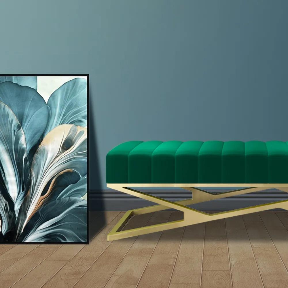 Modern Entryway Bench Gray Velvet Upholstered Ottoman Bench in Gold