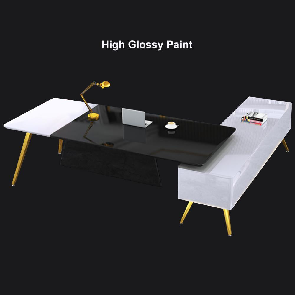 L-Shaped Modern Right Hand Corner Executive Desk with Storage in White & Gold & Black