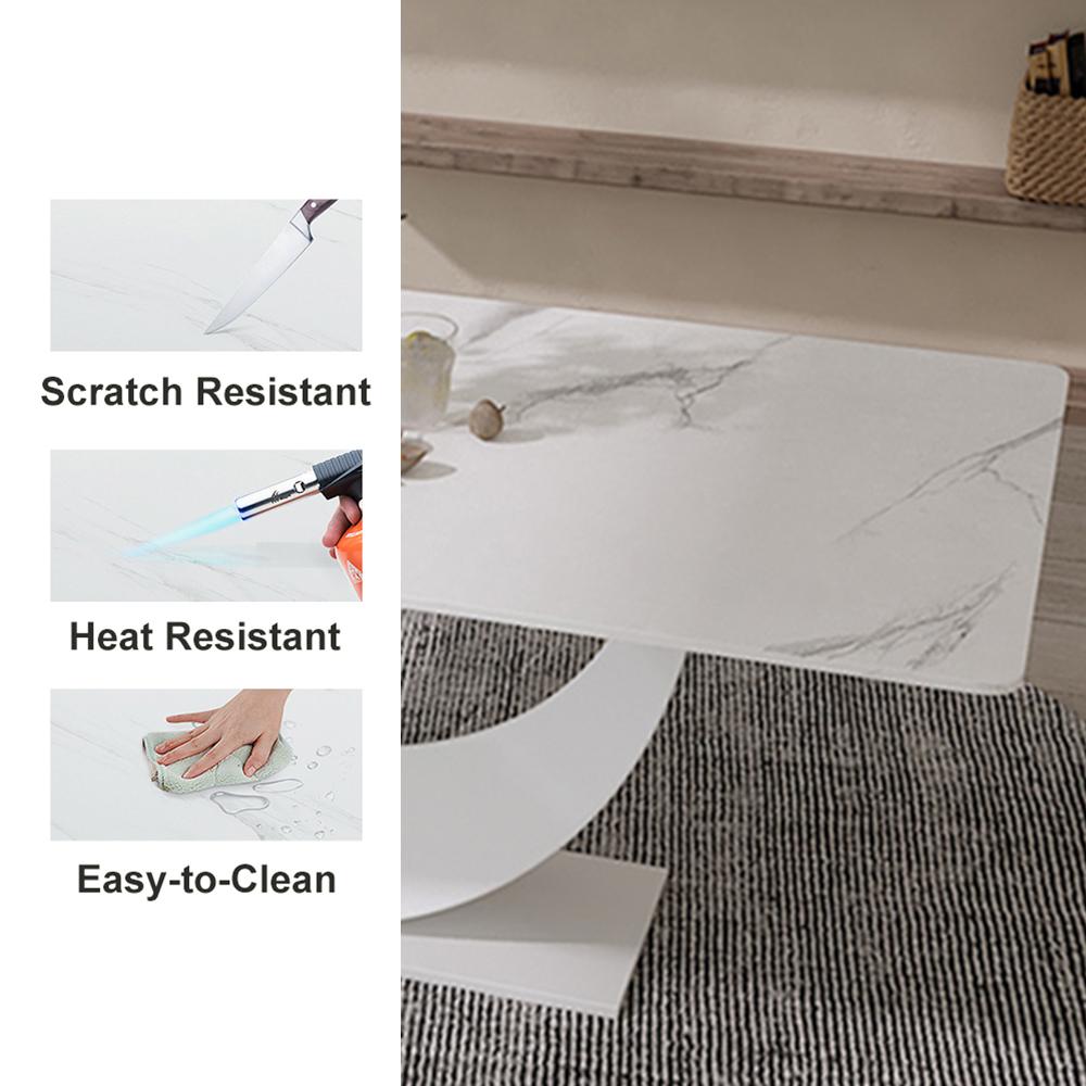 71" White Faux Marble Dining Table for 8 Crescent Base Sintered Stone