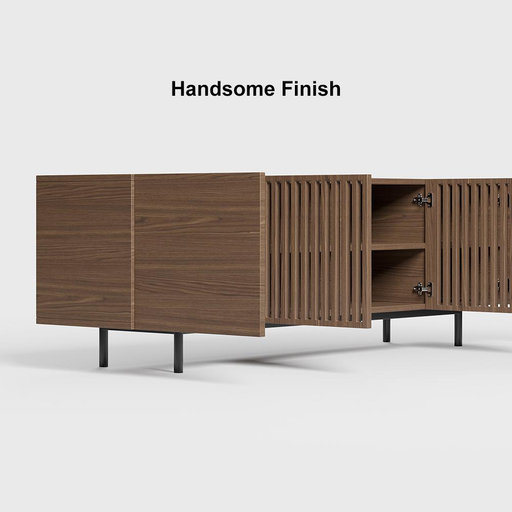 Minimalist Slatted Media Console Wood TV Stand in Walnut with Shelves for TVs Up to 80"
