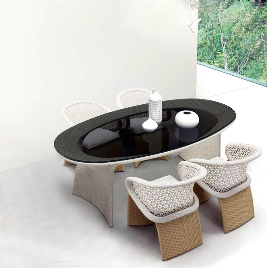 Hofer Outdoor Patio Dining Set 5-Piece 63" Garden Oval Dining Table 4 Rattan Chair Black Glass Top