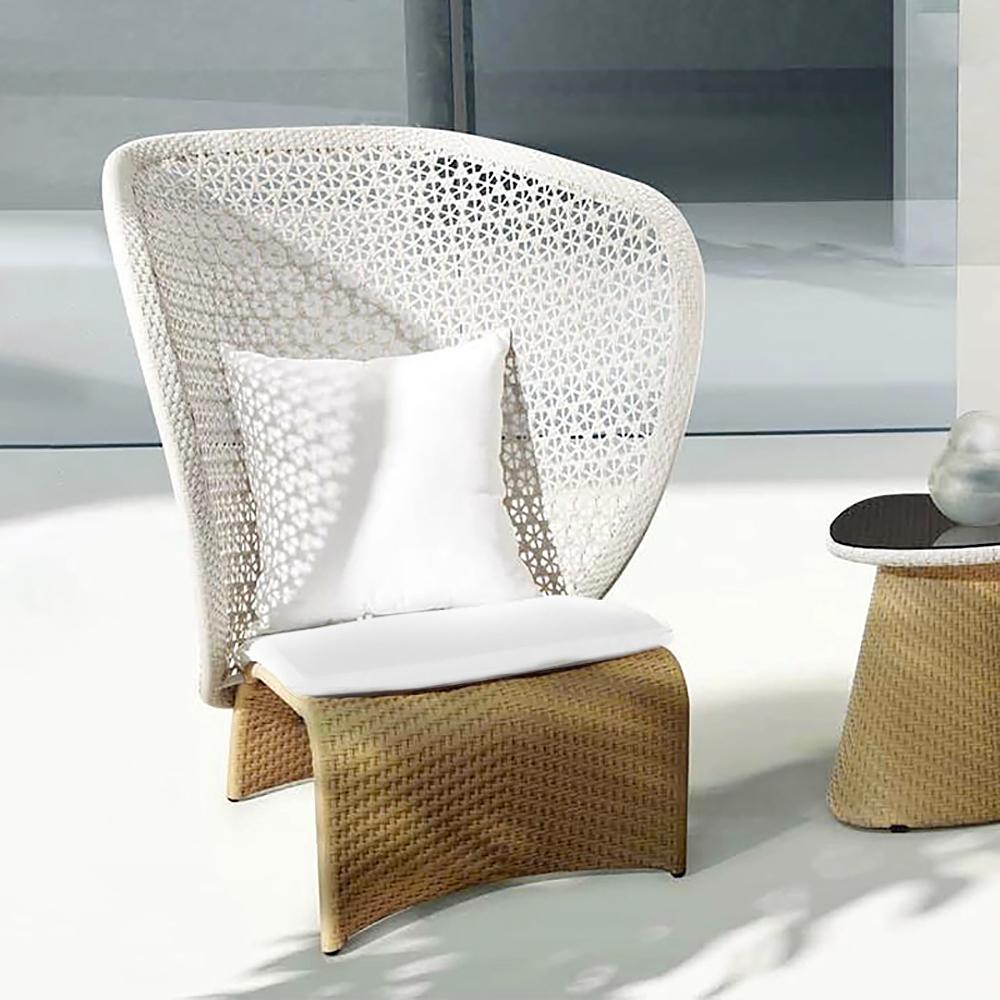 Hofer Rattan Outdoor Wingback Chair with White Cushion Pillow with Arched Bottom