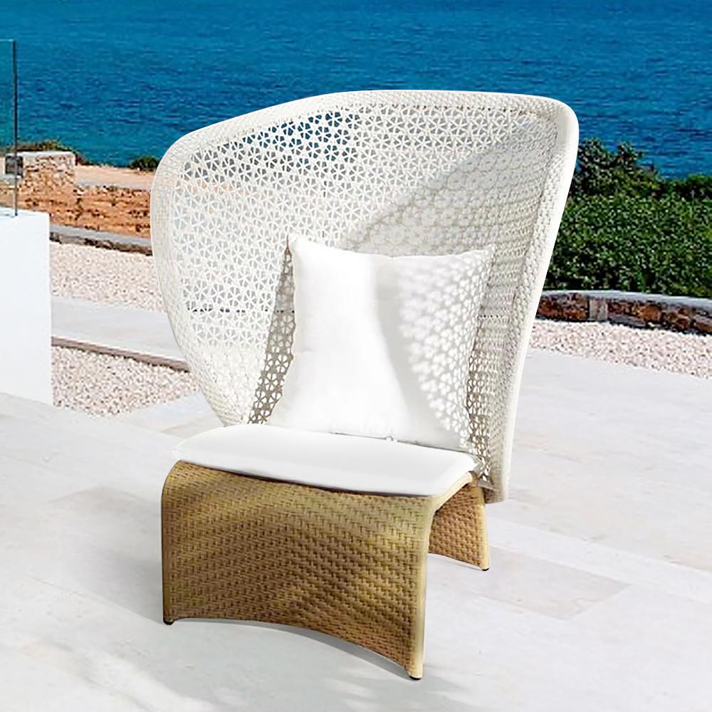 Hofer Rattan Outdoor Wingback Chair with White Cushion Pillow with Arched Bottom