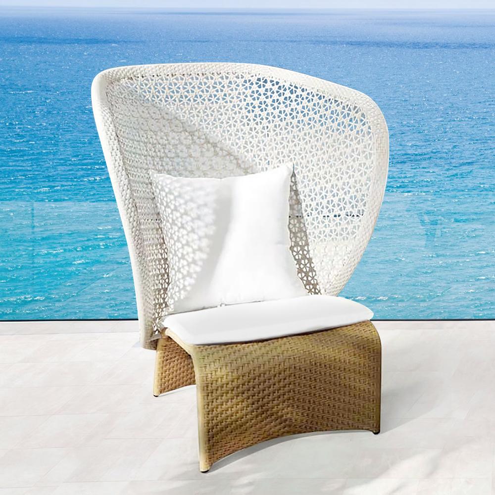 Hofer Rattan Outdoor Wingback Chair with White Cushion Pillow with Arched Bottom