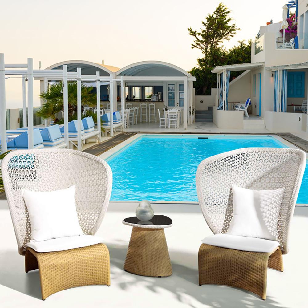 Hofer Rattan Outdoor Wingback Chair with White Cushion Pillow with Arched Bottom