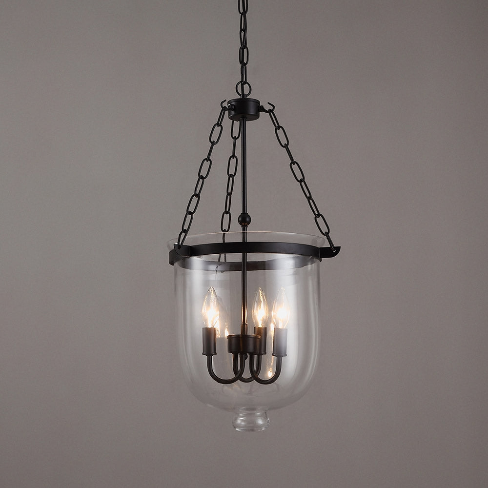 Retro Rustic Clear Glass Shade Bell Jar Pendant Light with 3 Candle Lights Black Metal