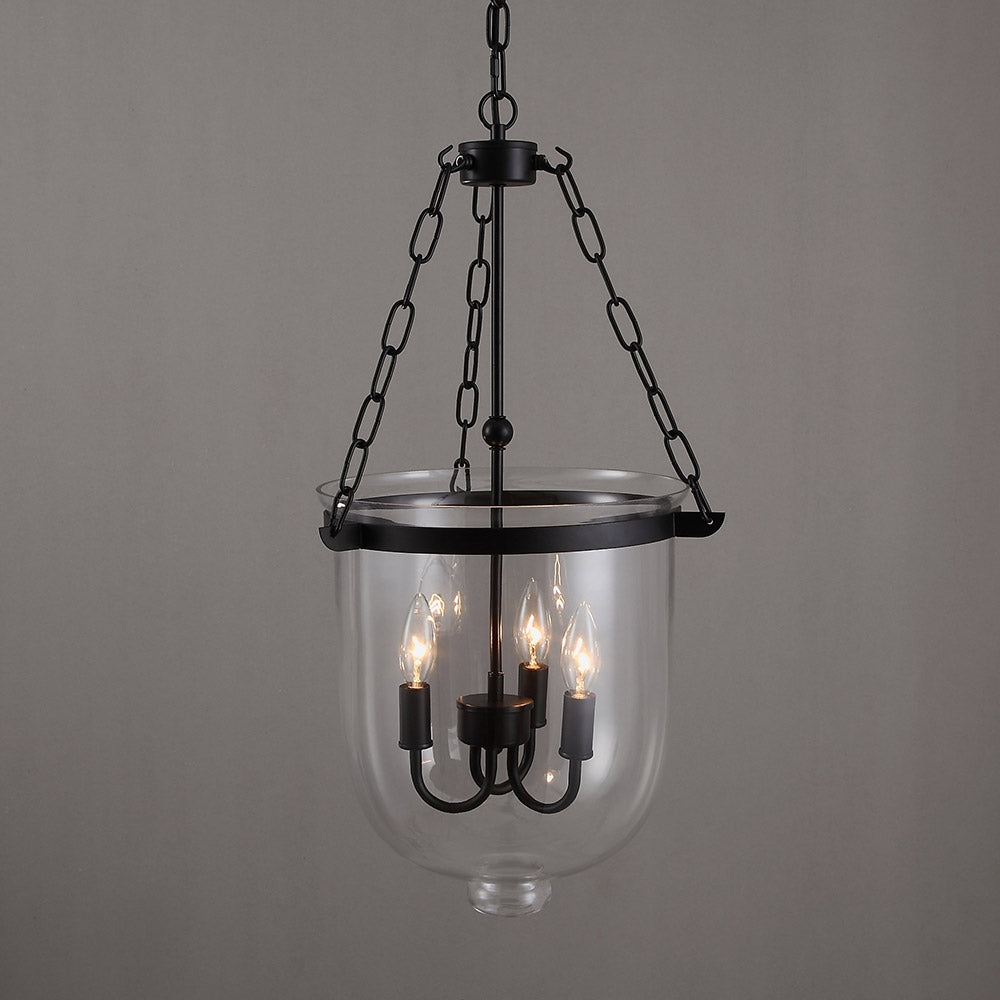 Retro Rustic Clear Glass Shade Bell Jar Pendant Light with 3 Candle Lights Black Metal