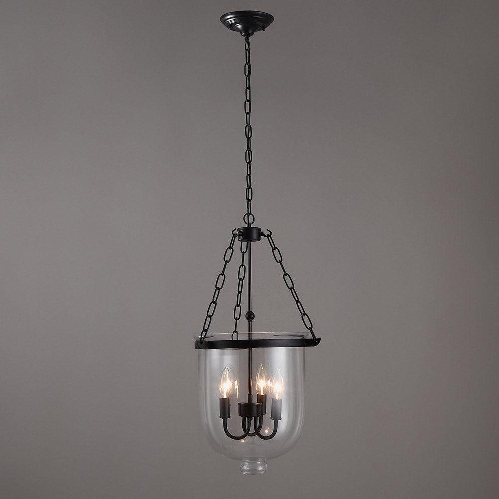 Retro Rustic Clear Glass Shade Bell Jar Pendant Light with 3 Candle Lights Black Metal