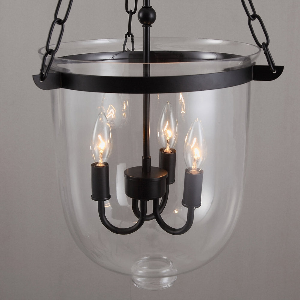 Retro Rustic Clear Glass Shade Bell Jar Pendant Light with 3 Candle Lights Black Metal