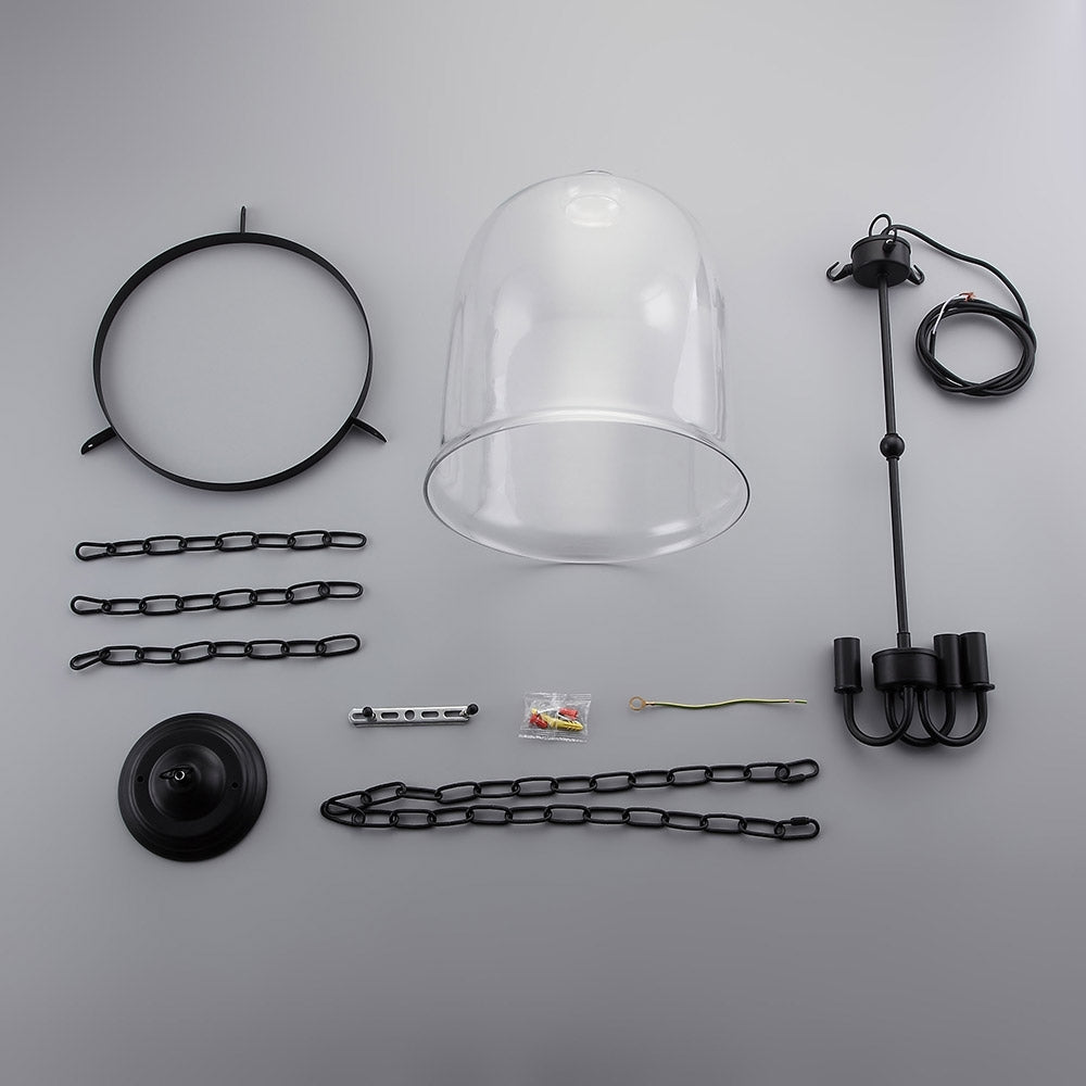 Retro Rustic Clear Glass Shade Bell Jar Pendant Light with 3 Candle Lights Black Metal