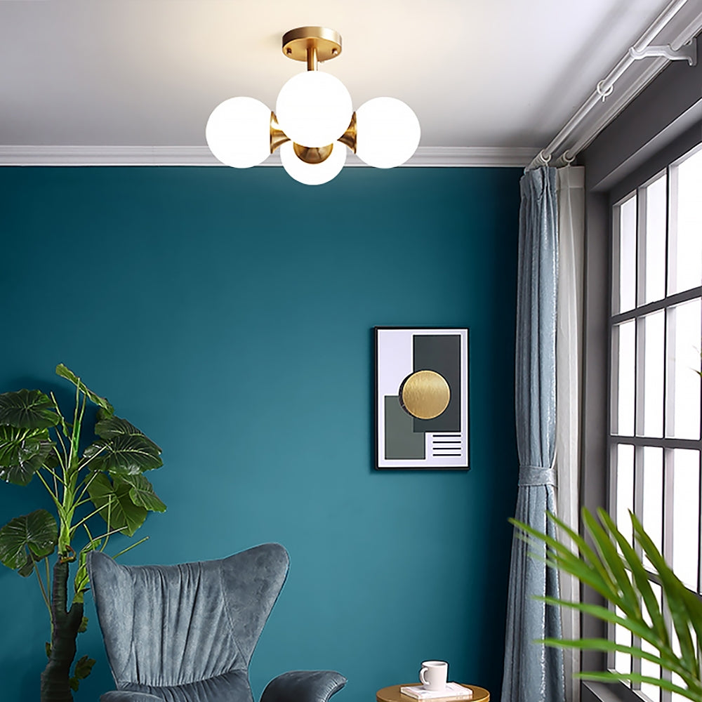 Brass 4-Light Semi-Flush Mount Ceiling Light Globe Shade Mini Chandelier Ceiling Light