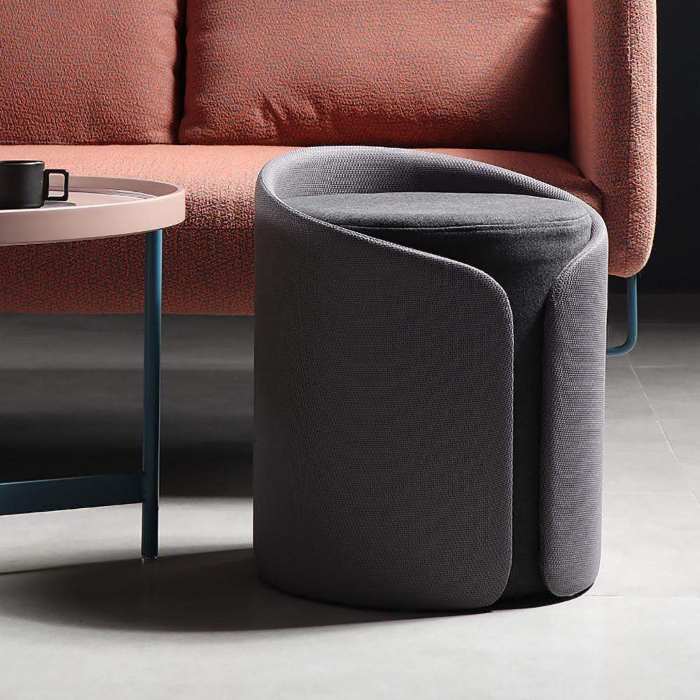Gray Stylish Round Upholstered Ottoman Cotton & Linen Ottoman Pouf-Richsoul-Furniture,Living Room Furniture,Ottomans & Benches