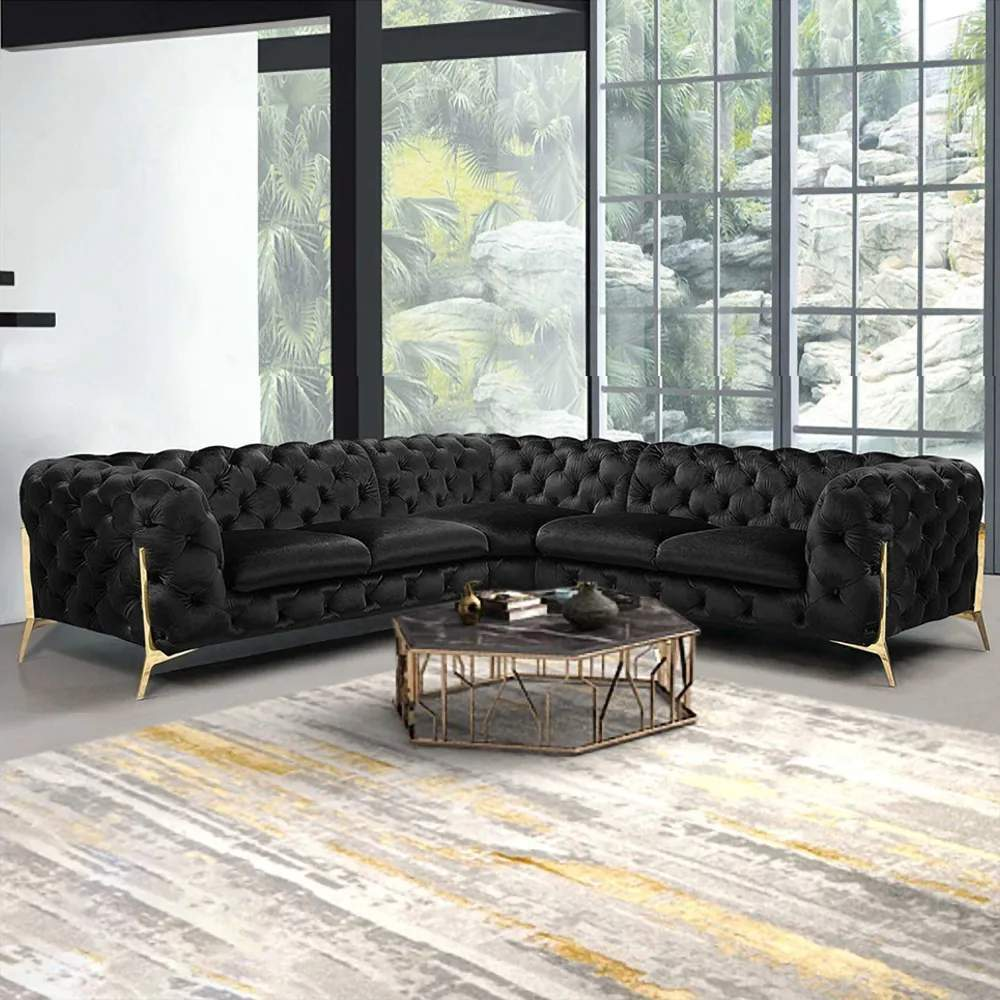 Modern Sofa Sectionals Velvet Upholstered Sofa Chesterfield Sofa in Metal Legs Black-Richsoul-Furniture,Living Room Furniture,Sectionals