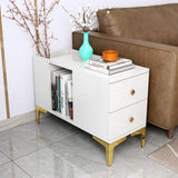 Elegant Black End Table with Gold Metal Legs & Dual Storage Drawers