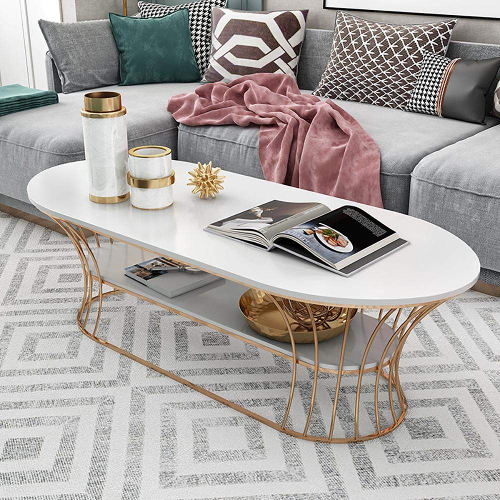 Modern Marble Coffee Table with Shelf Metal Frame White-Richsoul-Coffee Tables,Furniture,Living Room Furniture