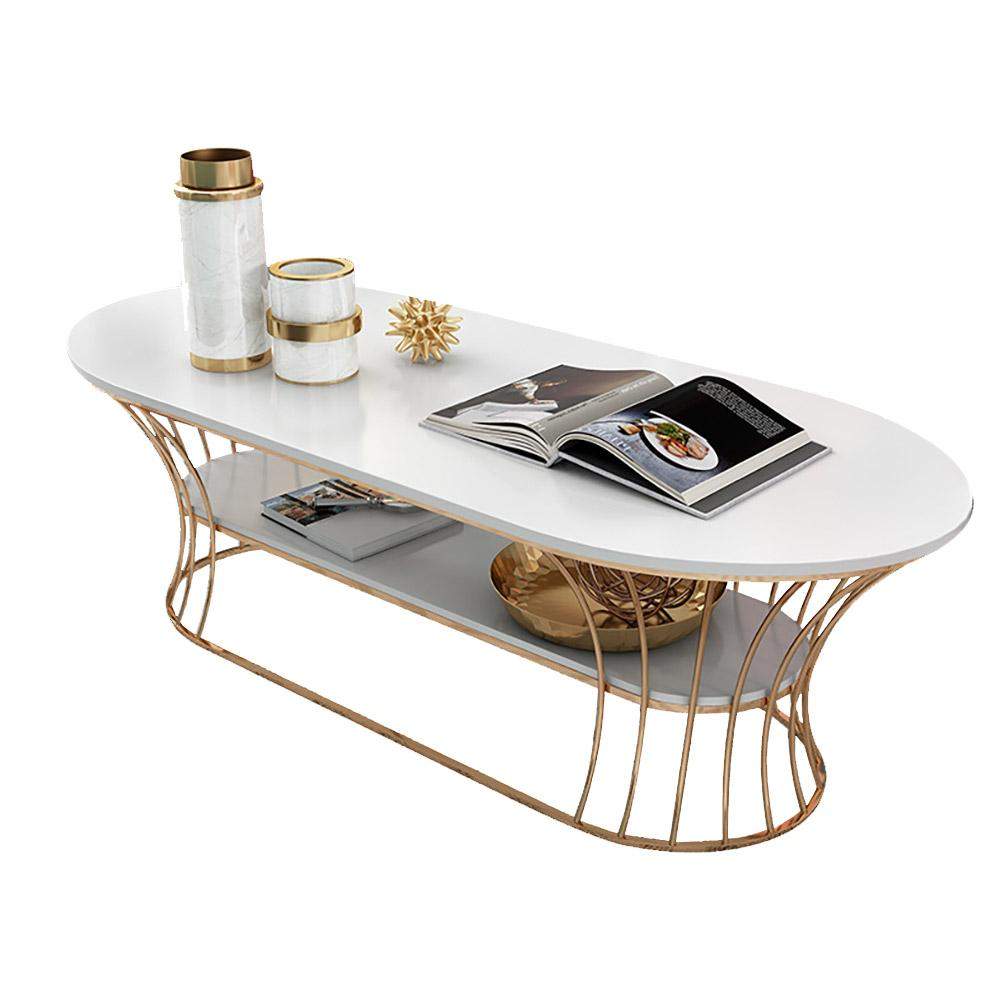Modern Marble Coffee Table with Shelf Metal Frame White-Richsoul-Coffee Tables,Furniture,Living Room Furniture