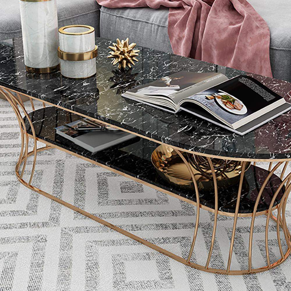 Modern Marble Coffee Table with Shelf Metal Frame White-Richsoul-Coffee Tables,Furniture,Living Room Furniture