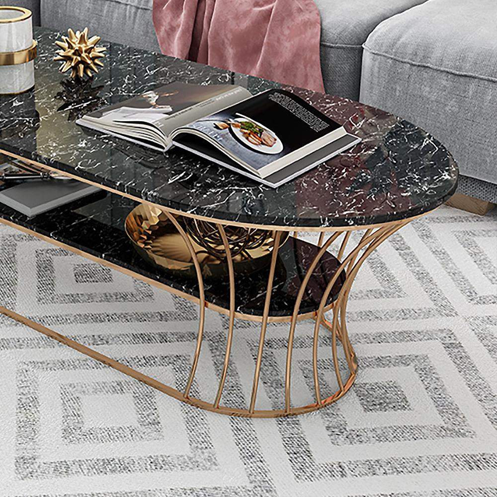 Modern Marble Coffee Table with Shelf Metal Frame White-Richsoul-Coffee Tables,Furniture,Living Room Furniture