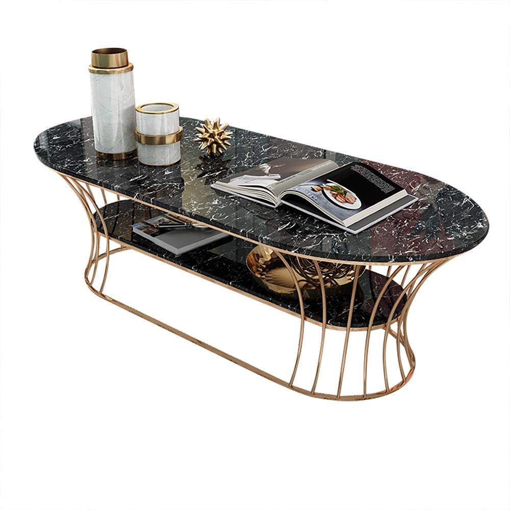 Modern Marble Coffee Table with Shelf Metal Frame White-Richsoul-Coffee Tables,Furniture,Living Room Furniture