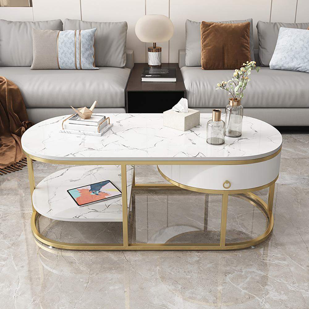 Modern Marble Coffee Table with Drawers & Shelf in White-Richsoul-Coffee Tables,Furniture,Living Room Furniture