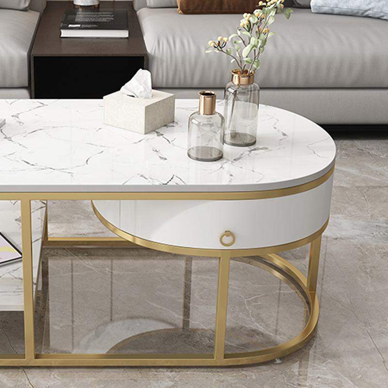 Modern Marble Coffee Table with Drawers & Shelf in White-Richsoul-Coffee Tables,Furniture,Living Room Furniture